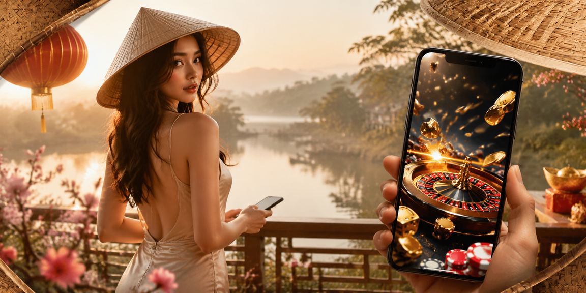 Người dùng chơi casino trên điện thoại di động tại không gian yên tĩnh ở Đà Lạt với nón lá truyền thống
