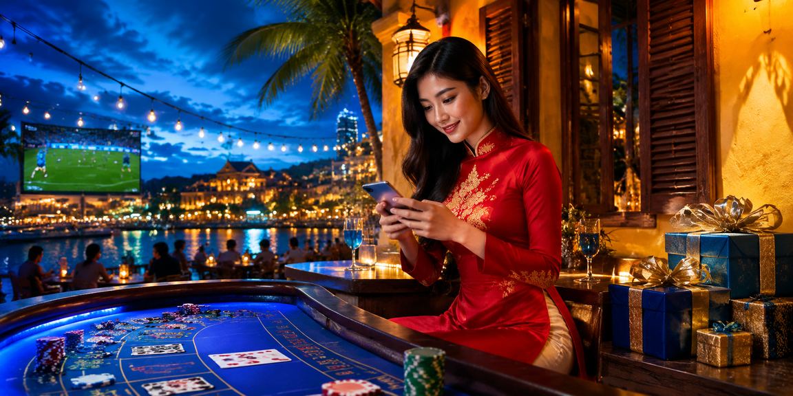 Không gian baccarat trực tuyến mang phong cách văn hóa Hội An với trang phục áo dài truyền thống